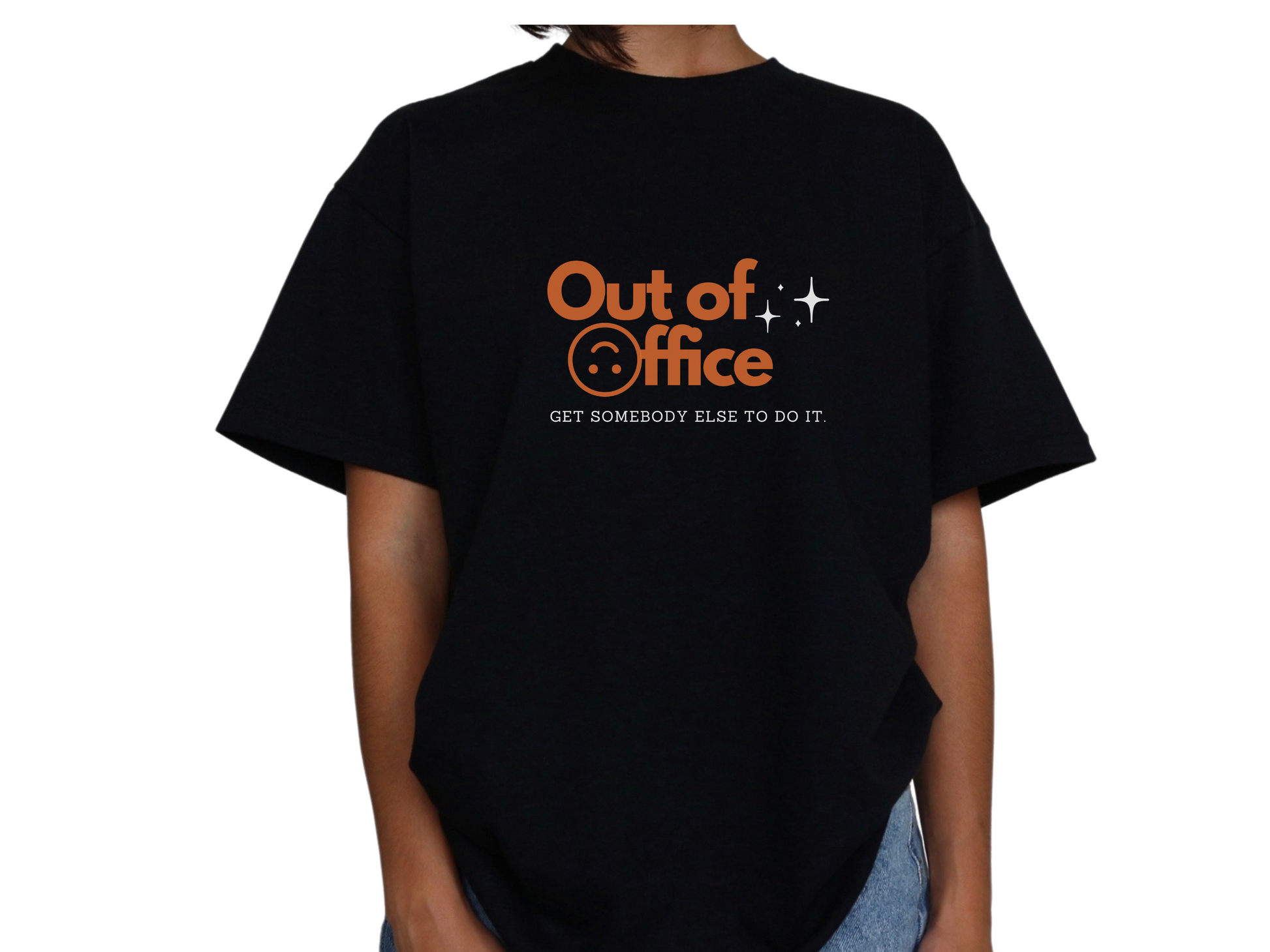 Black t-shirt with 'Out of Office' text and smiley face design on a BLACK TSHIRT, OFFICCE SIGN, OFFICE HUMOR, the perect funny secret santa gift for boss managers